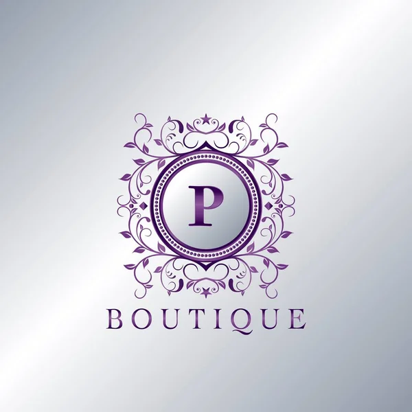 现代豪华精品字母P标志 紫色金属圆框矢量设计的独特典雅花饰设计 — 图库矢量图片