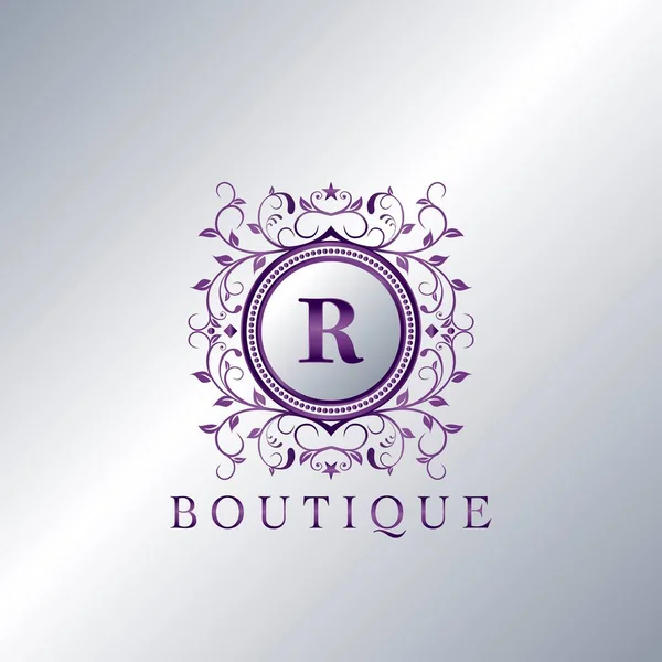 现代豪华精品字母R标志 紫色金属圆框矢量设计的独特典雅花饰设计 — 图库矢量图片