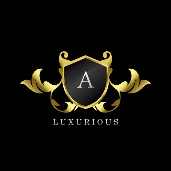 Golden Luxury Shield Letter Logo Inglês Modelo Vetor Logotipo Elegância —  Vetores de Stock