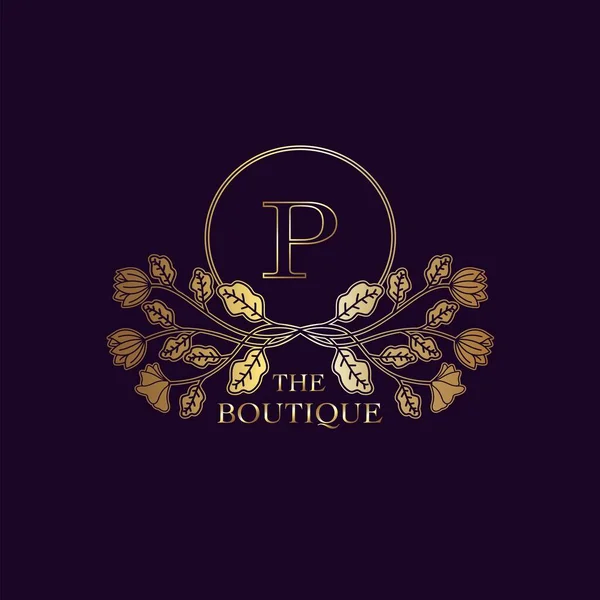 Golden Luxury Nature Leaf Boutique Letter Logo Template Circle Frame — Archivo Imágenes Vectoriales