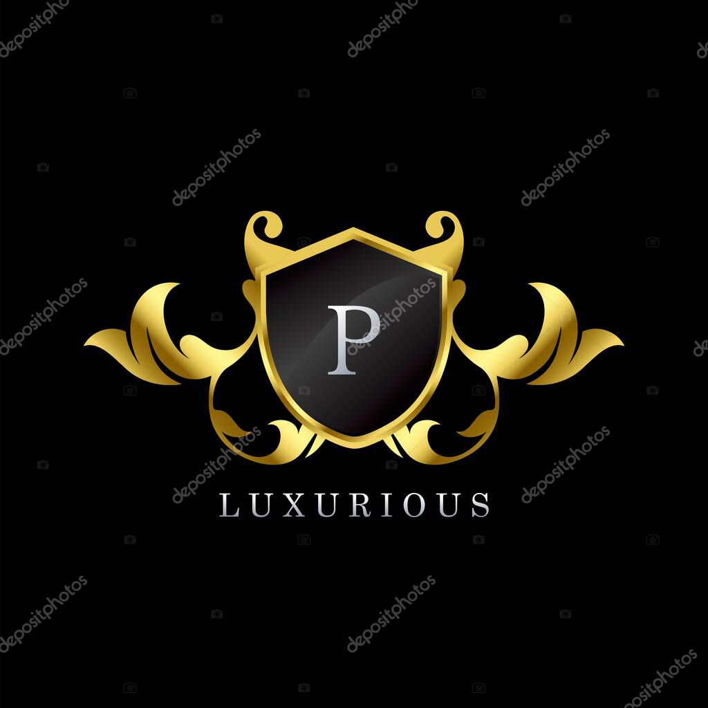 Golden Luxury Shield P Letter Logo. Elegance logo vector template made of wide silver alphabet font on shield frame ornate luxury style.