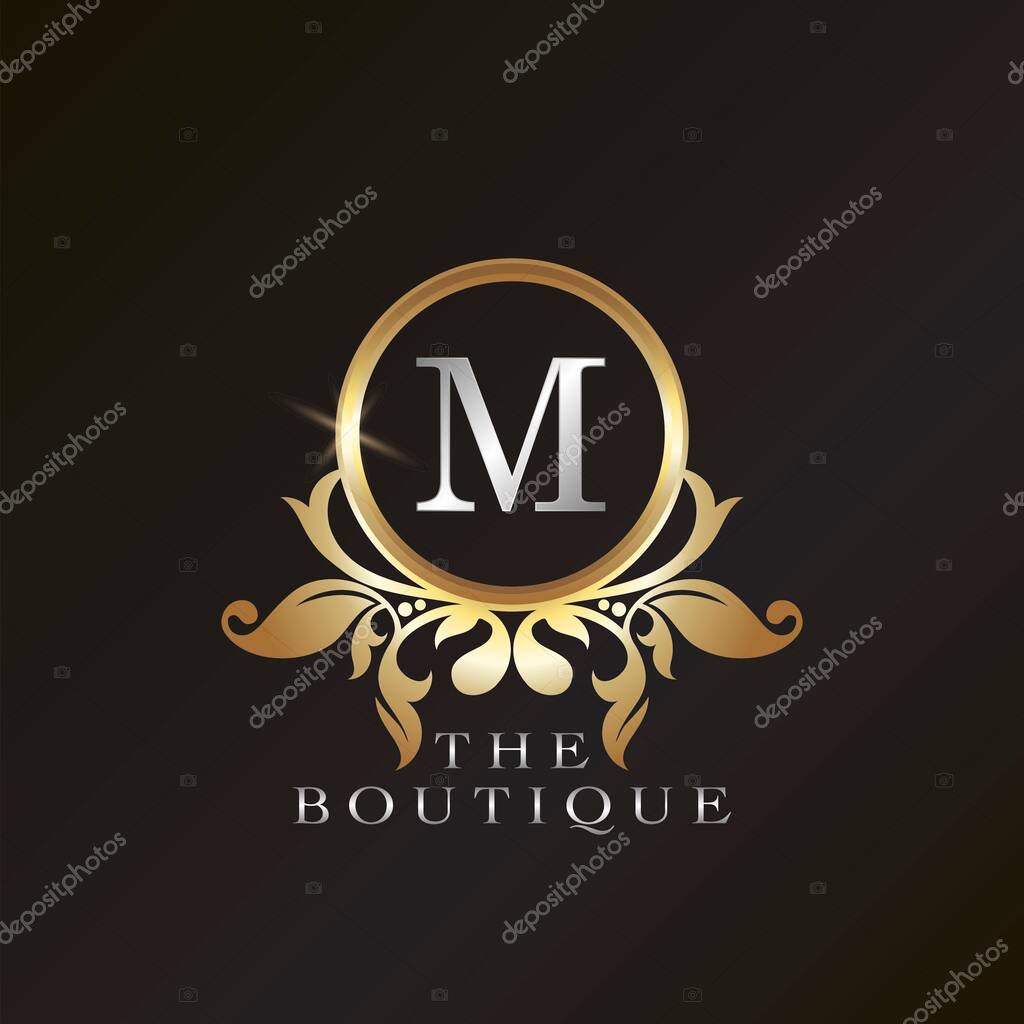 Gold Boutique M Logo template in circle frame vector design for brand identity like Restaurant, Royalty, Boutique, Cafe, Hotel, Heraldic, Jewelry, Fashion and other brand