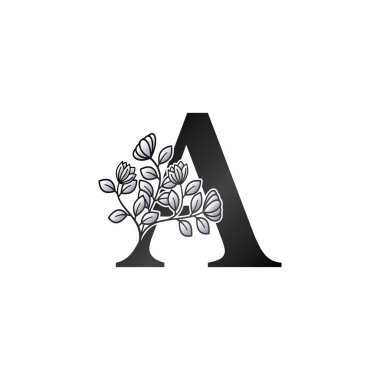 Monogram Bir Harf Logosu, Zarif Siyah ve Beyaz Doğa Çiçekleri Süsleme Biçimli Vektör Tasarımı.