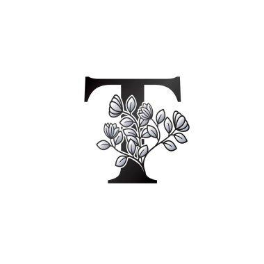 Monogram T Mektup Logosu, Zarafet Siyah ve Beyaz Doğa Çiçekleri Süsleme Biçimli Vektör Tasarımı.
