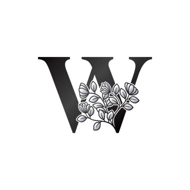 Baş harfli W Harfi Logosu, Zarif Siyah ve Beyaz Doğa Çiçekleri Süsleme Biçimli Vektör Tasarımı.