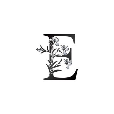 Doğa Çiçeği Baş Harfi E Logosu, Monogram Zarafet Siyah ve Beyaz Doğa Çiçekleri Süsleme Biçimli Vektör Tasarımı.