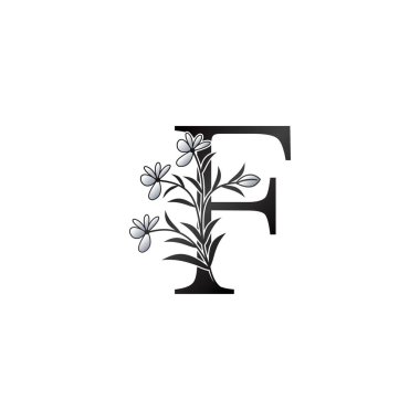 Doğa Çiçeği Baş Harfi F Logosu, Monogram Zarafet Siyah ve Beyaz Doğa Çiçekleri Süsleme Biçimli Vektör Tasarımı.