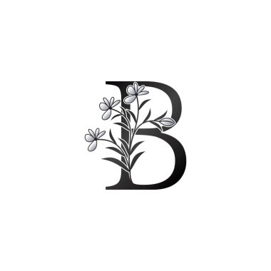 Doğa Çiçeği Baş Harfi B Logosu, Monogram Zarafet Siyah ve Beyaz Doğa Çiçekleri Süsleme Biçimli Vektör Tasarımı.