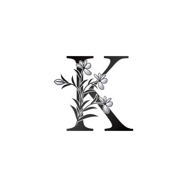 Doğa Çiçeği Baş Harfi K Logosu, Monogram Zarafet Siyah ve Beyaz Doğa Çiçekleri Süsleme Biçimli Vektör Tasarımı.