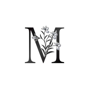 Doğa Çiçeği Baş Harfi M Logosu, Monogram Zarafet Siyah ve Beyaz Doğa Çiçekleri Süsleme Biçimli Vektör Tasarımı.
