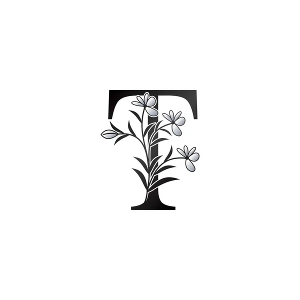 ナチュラルフラワーイニシャルレターTロゴ モノグラムエレガンスブラック ホワイトナチュラルフラワーオレンジ色のスタイルベクトルデザイン — ストックベクタ