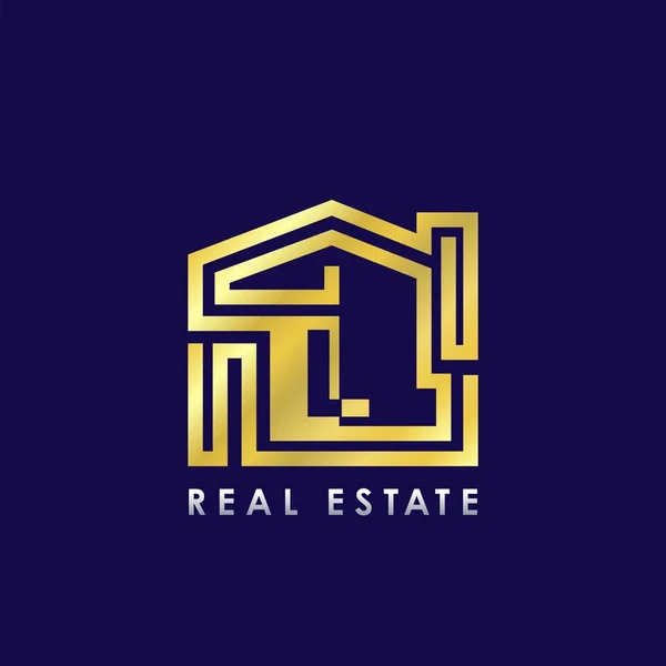 Design Logo Golden Line House Costruzione Icone Con Logo Identità — Vettoriale Stock