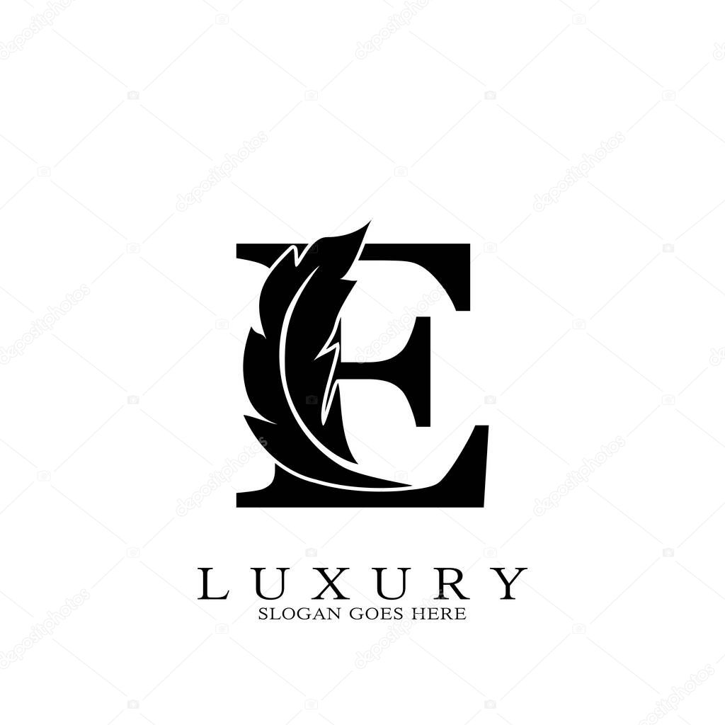 Monogram Initial Letter E Logo Luxury feather vector design for law business.