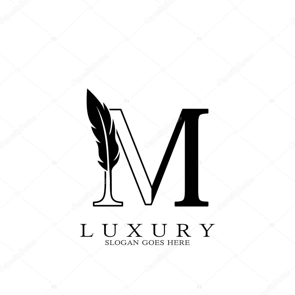 Monogram Luxury feather Initial Letter M Logo icon, vector design concept feather with alphabet letter for business corporate, lawyer, notary, firm and more brand