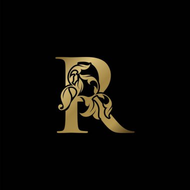 Altın Lüks R Mektubu İlk Logo Simgesi, Monogram Çiçek Yaprağı Logo Şablonu Tasarımı.