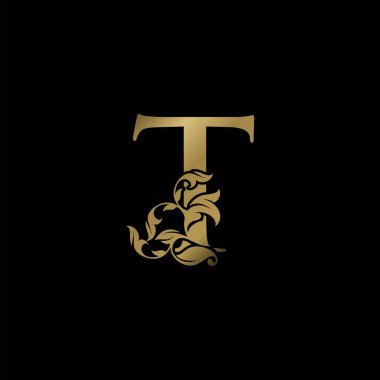 Altın Lüks T Mektubu İlk Logo Simgesi, Monogram Çiçek Yaprağı Logo Şablonu Tasarımı.