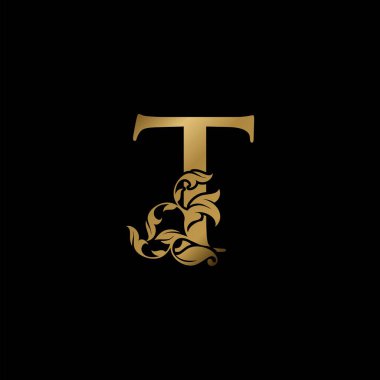 Altın Lüks T Mektubu İlk Logo Simgesi, Monogram Çiçek Yaprağı Logo Şablonu Tasarımı.