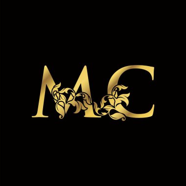 Altın Lüks M ve C, MC Harf Mektup İlk Logo Simgesi, Monogram Çiçek Yaprağı Logo Şablonu Tasarımı.