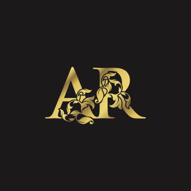 Altın Süslü Lüks Çiçek A ve R, AR Harf Harfleri İlk Logo Simgesi, Monogram Doğal Yaprak Logosu Tasarımı.