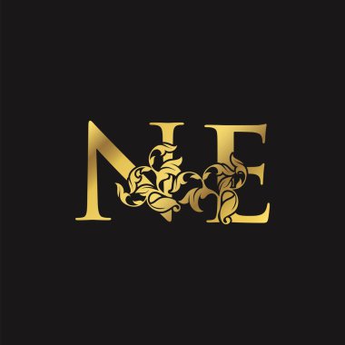 Altın Süslü Lükse Çiçek N ve E, NE Harfi İmza Simgesi İlk Logo, Monogram Doğal Yaprak Logosu Tasarımı.