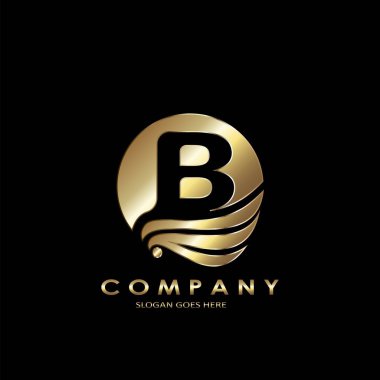 Altın İş Baş harfleri B Logosu, Zarif Dalga Kanat Kuşu ve negatif uzay harfi B şablon tasarımı konsepti.