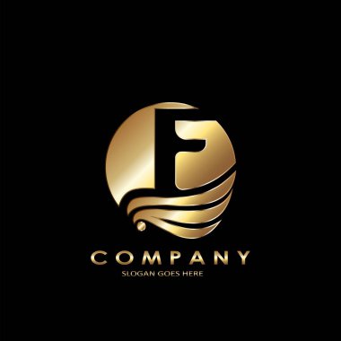 Altın İş Baş harfleri F Logosu, Zarif Dalga Kanat Kuşu ve F şablonu tasarım konsepti.