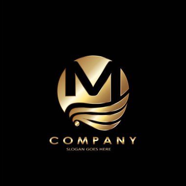 Altın İş Baş harfleri M Logo Mektubu, Zarif Dalga Kanat Kuşu ve negatif uzay harfi M şablon tasarımı konsepti.