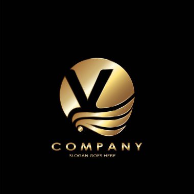 Altın İş Baş harfleri V Logo Mektubu, Zarif Dalga Kanat Kuşu ve negatif uzay harfi V şablon tasarım konsepti.