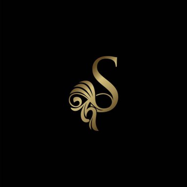 Golden Deco Luxury S Letter Initial Logo Icon, Monogram Ornate Swirl Wing Logo Template Design. clipart