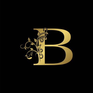 Altın İlk Harf B Logo Simgesi, Botanik Doğası Yaprak Vektörü Logo Tasarımı.