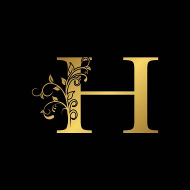 Altın Harf H Logo Simgesi, Botanik Doğal Yaprak Vektör Logo Tasarımı.