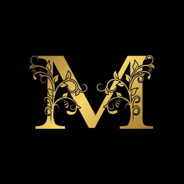 Altın Baş Harf M Logo Simgesi, Botanik Doğal Yaprak Vektörü Logo Şablonu Tasarımı.