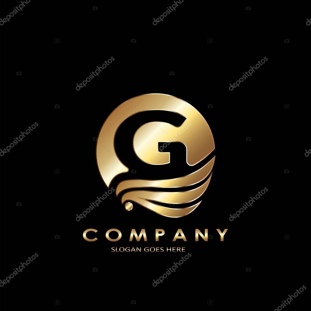 Golden Business Initial G Logo Letter, Elegance Wave Wing Bird with negative space letter G template design concept.