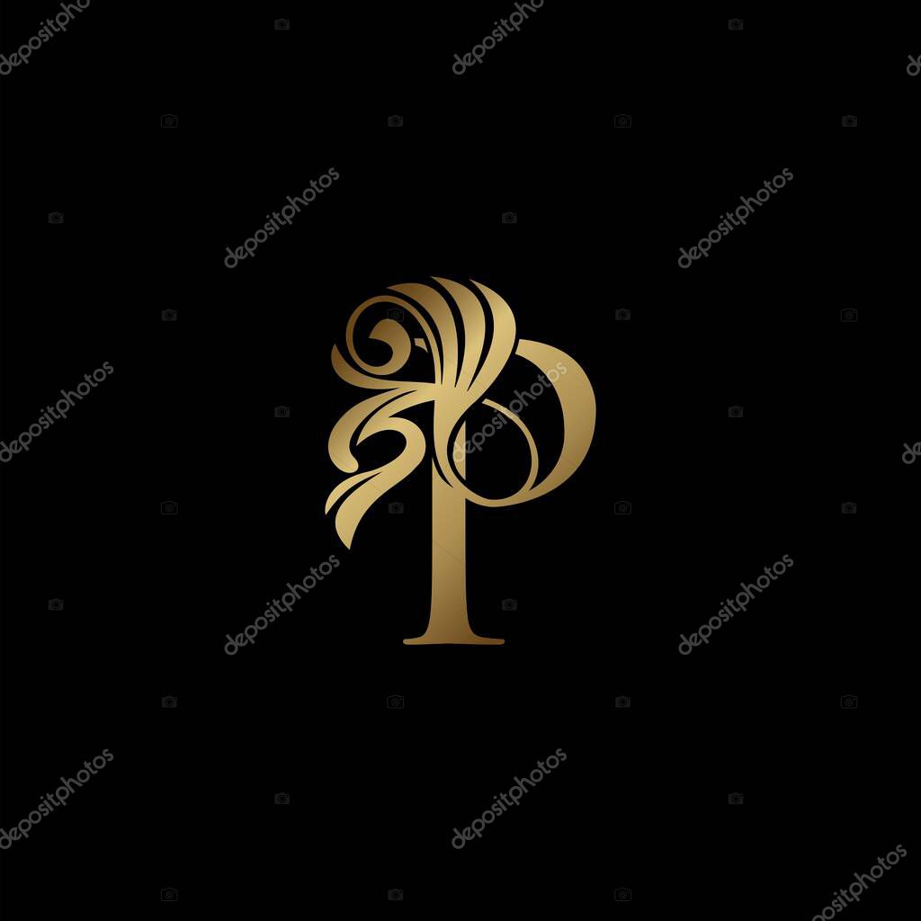 Golden Deco Luxury P Letter Initial Logo Icon, Monogram Ornate Swirl Wing Logo Template Design.