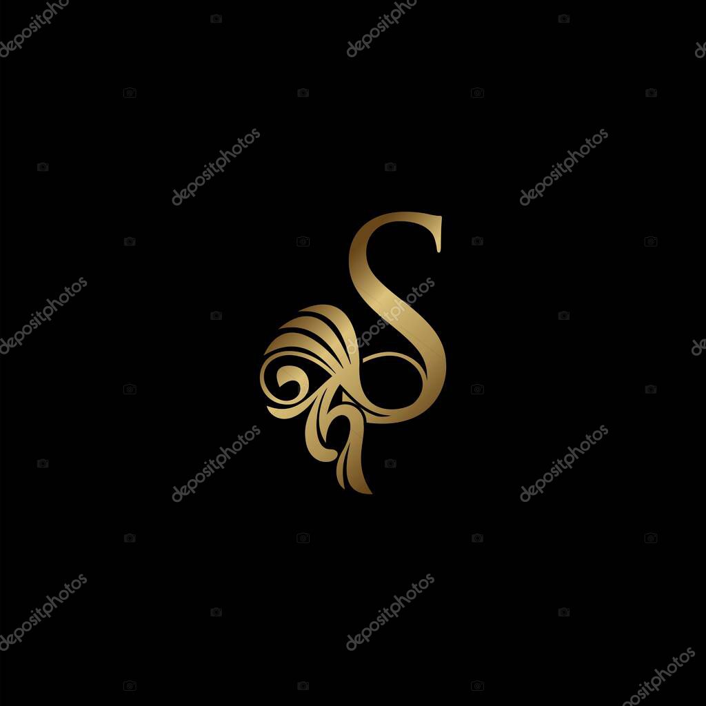 Golden Deco Luxury S Letter Initial Logo Icon, Monogram Ornate Swirl Wing Logo Template Design.