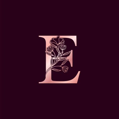 Altın Gül Çiçeği E Lüks Logosu. Zarif alfabe monogram doğa çiçekli ilk harf vektör tasarımı.