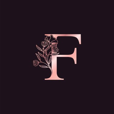 Altın Gül Çiçeği F Lüks Logosu. Zarif alfabe monogram doğa çiçekli ilk harf vektör tasarımı.