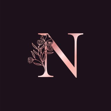 Altın Gül Çiçeği Mektubu ve Lüks Logosu. Zarif alfabe monogram doğa çiçekli ilk harf vektör tasarımı.