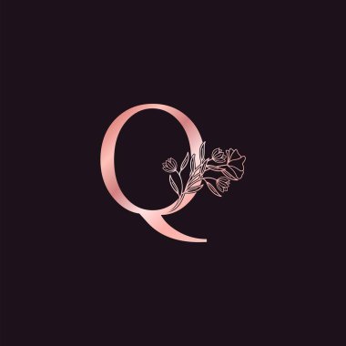 Altın Gül Çiçeği Harf Q Lüks Logosu. Zarif alfabe monogram doğa çiçekli ilk harf vektör tasarımı.