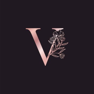 Altın Gül Çiçeği Harfi V Lüks Logo. Zarif alfabe monogram doğa çiçekli ilk harf vektör tasarımı.