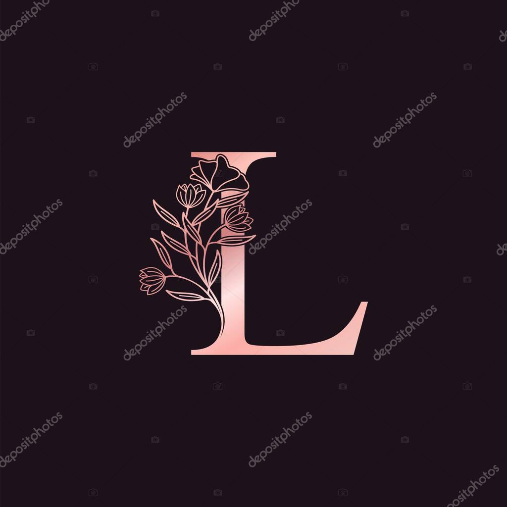 Gold Rose Flower Letter L Luxury Logo. Elegant alphabet monogram nature floral ornate initial letter vector design.