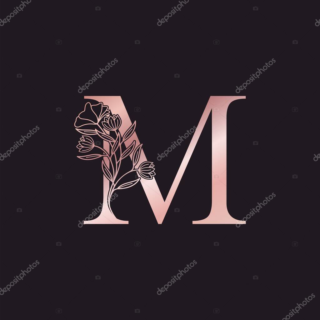 Gold Rose Flower Letter M Luxury Logo. Elegant alphabet monogram nature floral ornate initial letter vector design.
