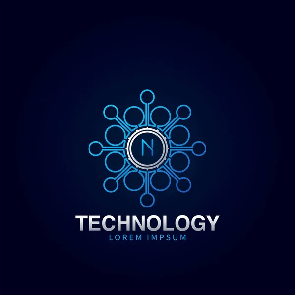 文字N初期ロゴタイプ デジタル抽象技術ドット分子ベクトルのロゴデザイン — ストックベクタ