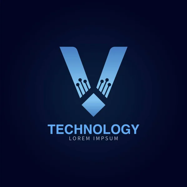 文字Vのロゴタイプ青の色 技術とデジタル抽象ドット接続ベクトル初期ロゴデザイン — ストックベクタ