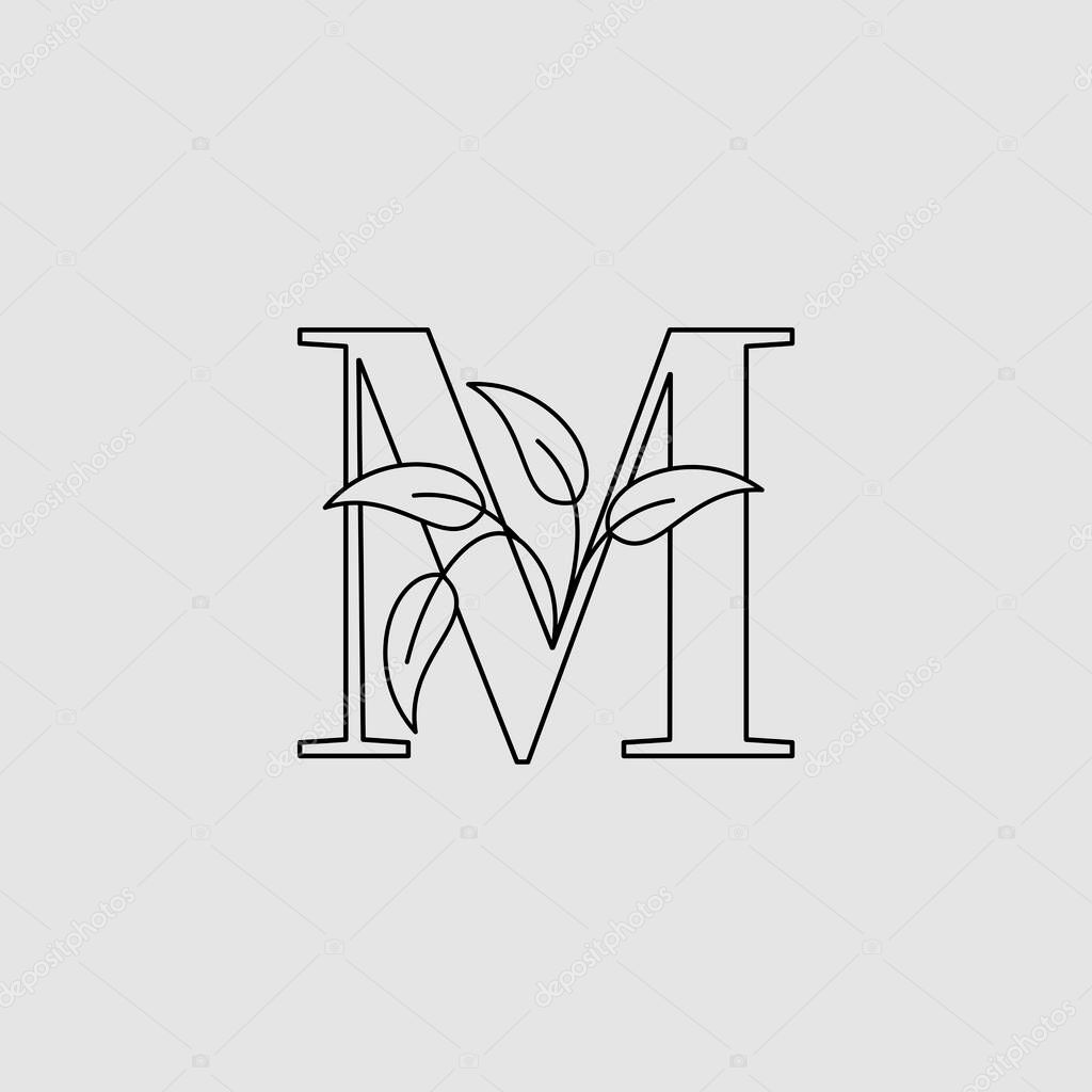 Outline Letter M Initial Logo Icon Monogram Nature Leaves Template Design