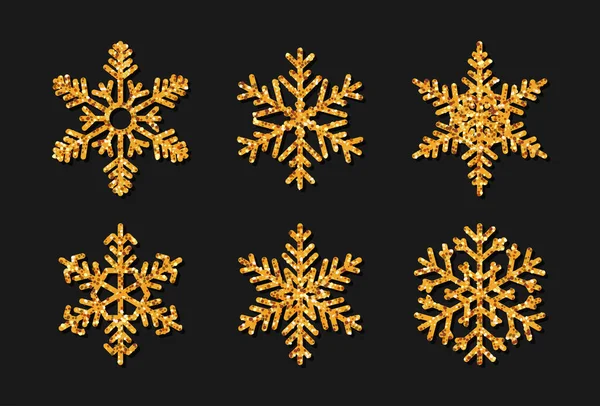 Snöflingor guld glitter glitter glöd vektor uppsättning — Stock vektor