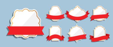 Beyaz etiket altın çerçeve kırmızı kurdele retro vektör kümesi