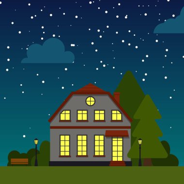Gece evi ağacı yassı kare vektör yakın çekim