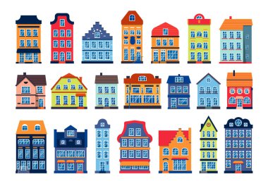 Karikatür evleri renkli Amsterdam ikon vektör kümesi