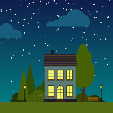 Gece evi ağacı yassı kare vektör tek